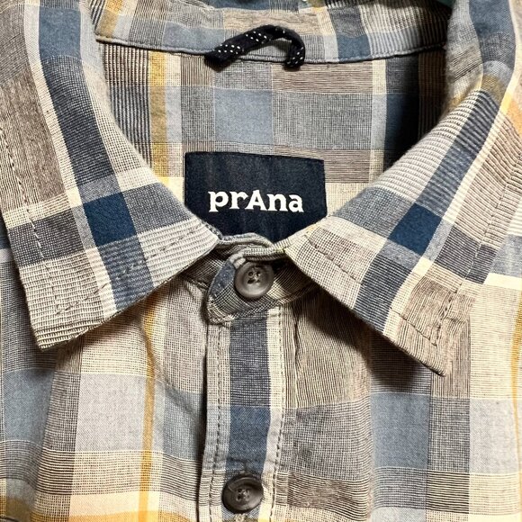 prAna Button Up Short Sleeve Blue Grey Yellow Cream Men's Size M - Picture 2 of 14